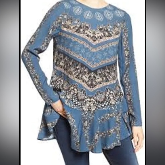 Free People Smooth Talker Tunic Dress long top blue print low back Boho Sz S - Picture 6 of 10